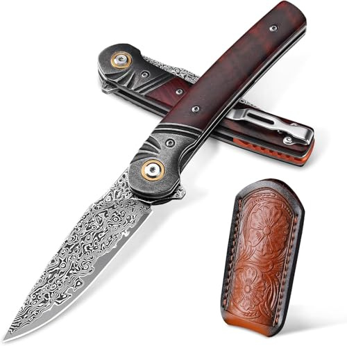 Omesio Damast fällkniv, bladlängd 8,3 cm, trähandtag med fickklämma, för dagligt bruk, för män och kvinnor.