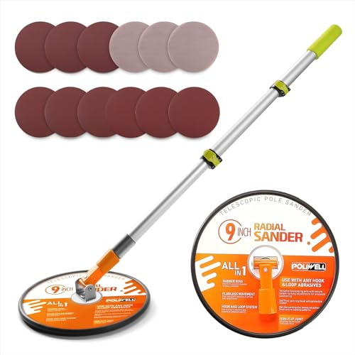 POLIWELL 9 Inch Drywall Pole Sander with 3-Foot Extension Pole - 360° Rotary Sanding Head for Walls & Ceilings, Includes 12 pcs Sanding Discs (100/180/240 Grits)