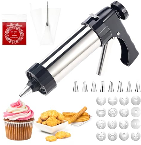 Machine a Churros,Appareil a Churros, Presse a Biscuits Inox,Presse à Churro Pistolet à Pâtisserie avec 16 Gabarits,8 Douilles,Poche et Brosse,Seringue Patisserie pour Gâteaux Gâteaux Dessert