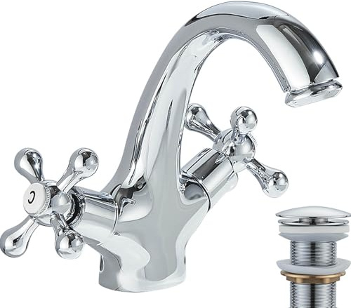 Traditional Victorian Monobloc Basin Mixer Tap Vintage Chrome Dual Cross Handle Bathroom Faucet with Pop up Waste Single Hole Monobloc
