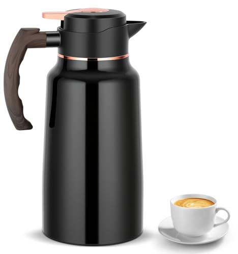 2 Litre Insulated Coffee Jug & Thermal Carafe, Stainless Steel Vacuum Flask with One-Touch Lid for Long-Lasting Heat & Cold Retention, Ideal for Coffee, Tea, Milk at Home, Office or Outdoors (Black)