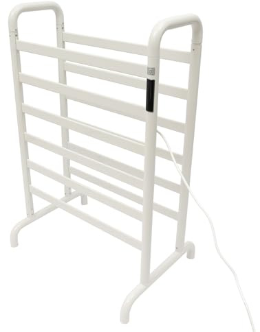 Calentador de toallas eléctrico de pie, barra de calefacción de doble fila con tecnología de fibra de carbono, pantalla táctil LED, secador de toallas de baño para hotel spa, 60 x 43 x 90,5 cm, blanco
