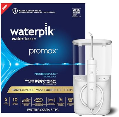 Waterpik Promax Water Flosser with SmartAdvance Mode for Daily Gum Health and Cleaning Teeth, Braces, Implants, ADA Accepted, Small Quiet Design, Electric Flosser with 10 Settings, 5 Tips, WF-23