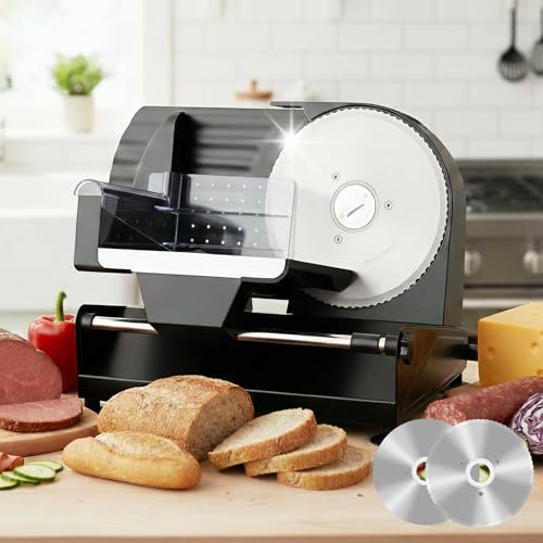 MoraRise Electric Meat Slicer Machine for Home, 200W Professional Deli Food Slicer with 2 x 19cm Stainless Steel Blades, 0-20mm Adjustable Thickness Bread Cheese Slicer for Jerky & Biltong (Black)