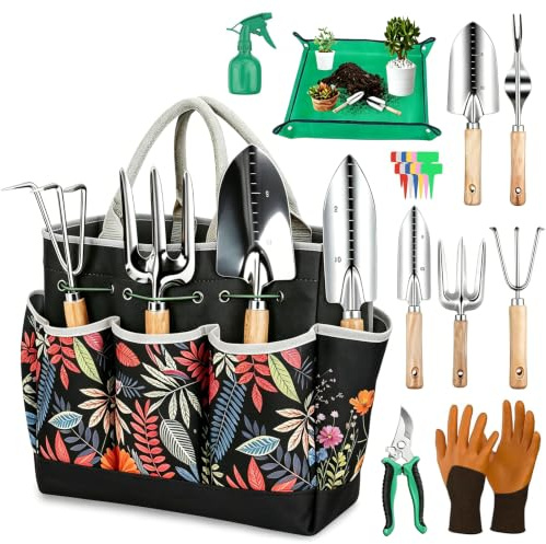Set di Attrezzi da Giardinaggio 12 Pezzi, Utensili in Acciaio Inossidabile Anti-Ruggine con Manico in Legno Antiscivolo, per Trapiantare e Potare, Giardinaggio Regalo per Uomo e Donna