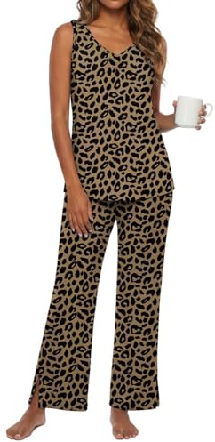 PrinStory Ensemble de vêtements de détente à fente latérale pour l'été, Kaki léopard., XL