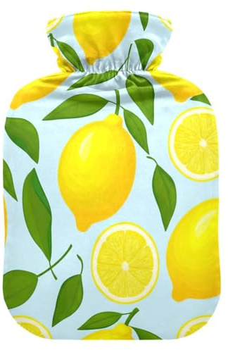 Botellas de agua caliente de limones amarillos en rodajas de color azul claro con cubierta suave, bolsa de agua caliente para compresas frías y calientes, pequeñas