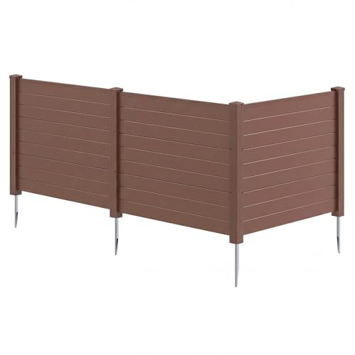COSTWAY Gartenzaun 3-teilig, Zaun mit 4 Pfählen, 122 x 95 cm, Sichtschutzzaun aus PP & verzinktes Metall, Steckzaun Lamellenzaun, freistehender Sichtschutz für Garten Terrasse (Braun)