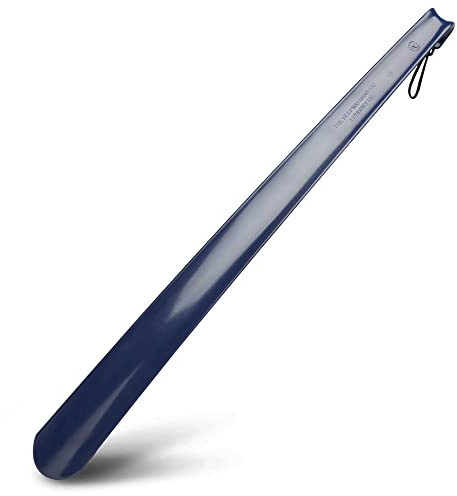 Blue Badge Co Long Handled Navy Plastic Shoe Horn Dressing Aid with comfort grip and hanging hook Made in the UK