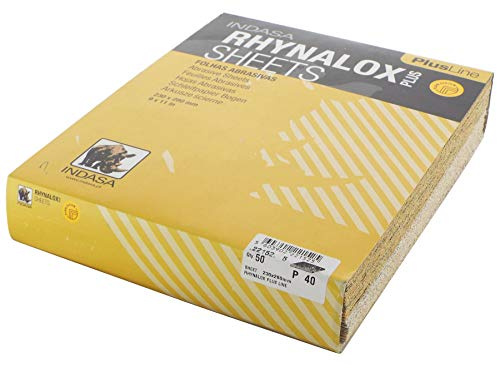 Indasa Rhynalox Plusline Production Paper P40 grit Sand Paper Sheets Pack 50 Automotive Refinishing Sandpaper Sanding Paper Sheets Solid 230mm x 280mm System