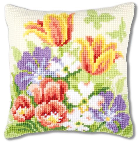 VERVACO Kreuzstich Stickpackungen Kissen Stickerei Set Anfänger Vorgedruckt Frühlingsblüten DIY Set Kreativ Set Für Erwachsene Dekoratives Kissen ca. 40 x 40 cm Bastelset Handwerker Haus Dekoration