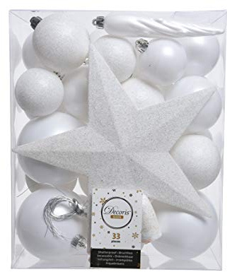Weihnachtskugeln mit Christbaumspitze Stern Kunststoff 33er Set bruchsicher weiß winterweiß