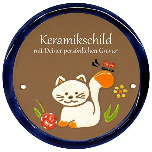 Handarbeit aus Schleswig-Holstein Keramikschild 11,5 x 11,5 cm Motiv Katze mit Ball (braun)