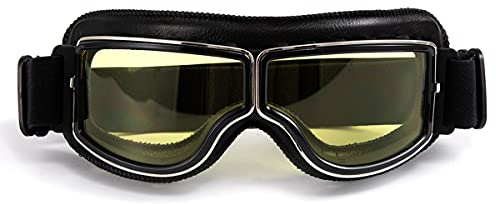 evomosa Occhiali da moto retrò Occhiali da motocross in pelle per donna e uomo Occhiali da sole - montatura nera, lenti gialle