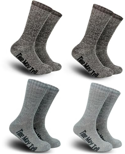 Time May Tell Mens Merino Wool Hiking Cushion Socks Thermal Warm Crew Winter Boot Socks Pack (2Brown,Light Grey,Dark Grey(4 pairs),US Size 9-13)