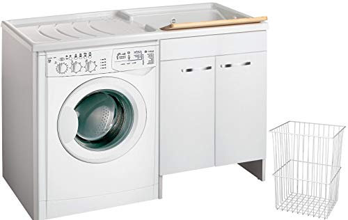 Negrari Classica Lavatoio Coprilavatrice Montato Vasca Destra Lavatrice Sinistra Bianco Anta Battente Cerniere Chiusura Rallentata Mobile Lavabo Polipropilene Asse Pino Cestello L124 P60 124x60 H92cm