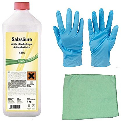 24% Salzsäure zum Reinigen von Kalkrückständen auf Fliesen inkl.Microfasertuch zum Auftragen von E-Com24 (1 Liter)