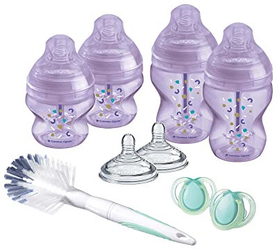 Tommee Tippee Advanced Anti-Colic Baby Bottle Starter Kit, Slow and Medium-Flow Breast-Like Teats for a Natural Latch, Triple-Vented Anti-Colic Wand, Purple