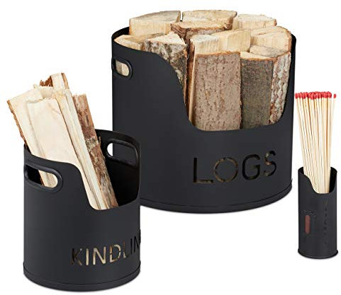 Relaxdays Porta Legna da Interno, Set 3 Ceste in Metallo per Ciocchi di Varie Misure & Fiammiferi, Ø 37/19/6,5 cm, Nero