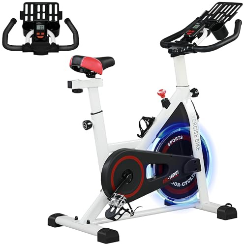 HOMCOM Cyclette da Casa, Bicicletta Indoor Silenzioso con Resistenza Regolabile, Manubri e Sella Regolabile, Volano da 8 kg, Vassoio Portaoggetti, Monitor LCD, Portabottiglie, Ruote, Bianco