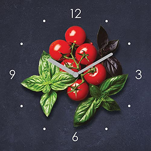 levandeo Wanduhr Glas 20x20cm Tomate Basilikum Glasuhr Uhr Glasbild Küchendeko Küchenbild Deko Wandbild
