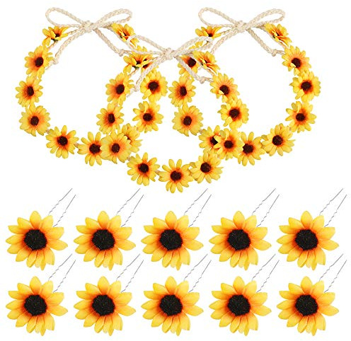 Bigxin 3pcs Couronnes De Tournesol Bandeau Fleur et 10pcs Épingles à Cheveux De Tournesol Pinces à Cheveux de Tournesol Fille Femme pour Mariage, Fête,Vancances, Déguisement
