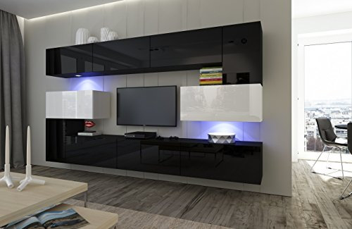 Furnitech Wohnwand Wohnzimmer - Hängend Wohnwand Modern Schrankwand mit Regale und TV Schrank Möbel ohne LED (Albania AN3-17BW-HG24 1A)