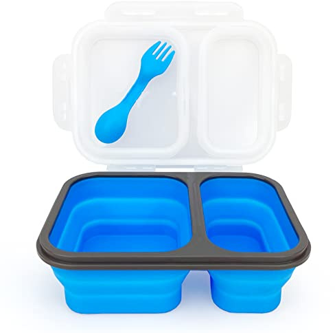 Lunbengo Faltbare Bento-Box, mit auslaufsicheren zwei Fächern, ideale Portionsgrößen 600 ml & 450 ml, mit 2-in-1-Löffel & Gabel, lebensmittelechtes Silikon, Reisen, mikrowellengeeignet