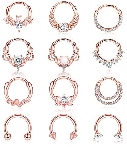 Adramata 12 Stück 16G Septum Piercing Nasenringe Hoop Set - Chirurgenstahl mit CZ Opal für Knorpel, Daith, Helix und Nase - Schmuck Ring