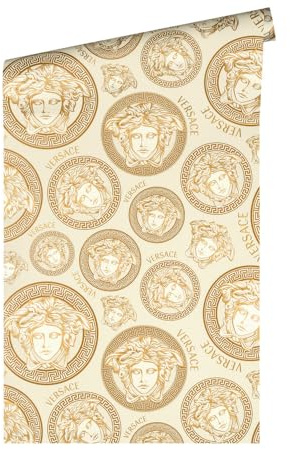 A.S. Création Versace Wallpaper 5 Vliestapete mit Monogramm-Muster 0,70 x 10,05 m – Gold, Weiß – hochwertige Luxustapete Made in Germany – 386115