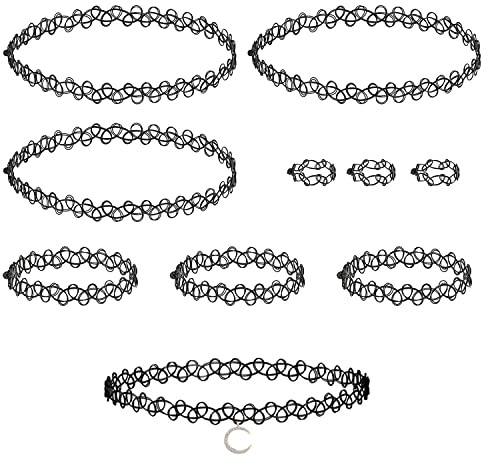 ZWZNBL 3 Sets Stretchhalsbänder: Mondhalsband, Stretch-Tattoo-Halskette, Modische Vintage-Kette, Hohlgewebe-Schmuckset für Mädchen (Schwarz)