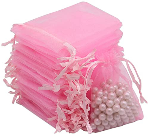 Leeyunbee 100 Stück Rosa Organzasäckchen 7 x 9 cm, Organzabeutel | Satin-Kordelzug, Säckchen zum Befüllen, für Geschenk Schmuck Bonbons, für Hochzeit Festival Party Geburtstag Weihnachten