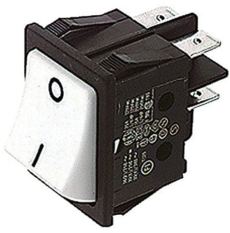 Interruttore bipolare a bilanciere DPST bipolare ON-OFF con tasto bianco e con terminali faston 6,35mm, foro di montaggio 32x24,8mm, 250V 16A