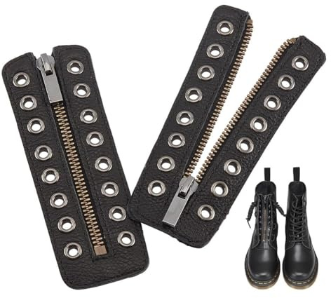 PandaHall Leather Lace-in Boot Zipper Inserts, 6.1 x 2.1 Inch 8 Metal Eyelets Zipper Boot Laces Black No Tie Shoe Laces for Adults Men Women Tieless Shoe Sneakers Laces Repair DIY