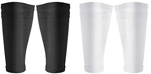 2 Paar Fußball Shin Guards, Fussball Schienbein Schoner Socken, Weich Wadenärmel Schienbeinschutz Schwarz & Weiß, Atmungsaktiv Schienbeinschonerhalter mit Tasche für Anfänger Laufen