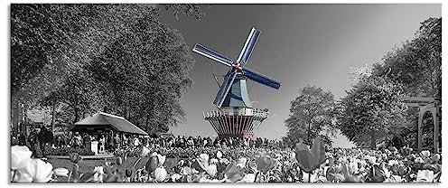 Pixxprint Glasbild Panorama, Wandbild aus Echtglas, Holländisches Tulpenmeer vor Windmühle B&W Detail, 120x50 cm, inkl. Aufhängung und Abstandshalter