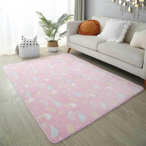 SCAUA Leuchtteppich Einhorn Leuchtender Wohnzimmerteppich Mond Sterne Kinder Schlafzimmer Nachttischteppich Baby Spiel Krabbelmatte Kindergarten Kinderzimmer Deko kinderteppich (Farbig 2, 140x200 cm)
