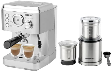 GEEPAS 1140W Espresso & Cappuccino Coffee Machine & 200W Coffee Grinder Combo Set | Milk Frother, 1.8L Water Tank | Electric Wet & Dry Food Processor Mill for Spice Nuts Chutney, 75g Detachable Bowl