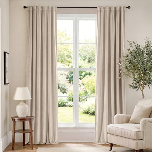 Lazzzy Cortinas opacas de terciopelo con aislamiento térmico, cortinas de ventana de habitación, cortinas de lujo súper suaves para sala de estar, dormitorio, bolsillo para cortinero, 2 paneles, beige