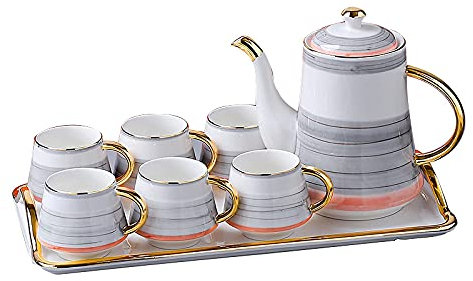 sjdoPulse Court Style Porcelain Tea Sets For Adults Modern Style Tea Service With Golden Trim Included One Teapot Set Of 6 Coffee Cup Set With Tray