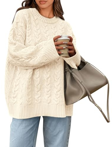 Okiwam Maglioni Oversize da Donna a Maniche Lunghe Girocollo Pullover Lavorato a Maglia Grossa 2025 Autunno Moda Tinta Unita Maglione Top, Beige e Bianco., S