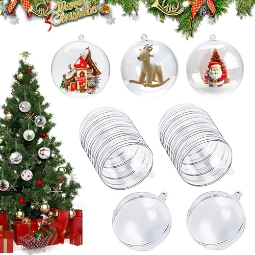CLHXWU 20 Stück 8cm Befüllbare Weihnachtskugeln,Acrylkugeln Transparent,Plastikkugeln Mit Öse Zum Aufhängen,Teilbar,Wiederverwendbar