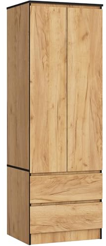 AKORD Kleiderschrank Star S | Zweitürig S 60 cm | 2 Schubladen mit Regalen und Einer Kleiderstange | für Kleiderschränke Schlafzimmer | laminierte Platte 16 mm | Handwerkliche Eiche