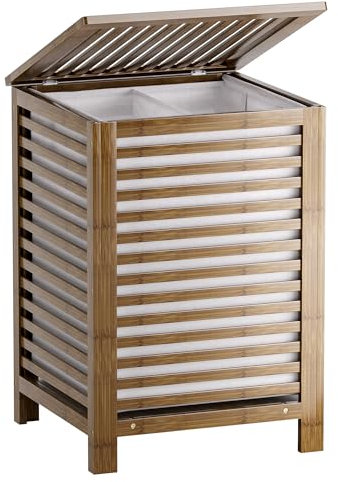 SMIBUY cesta de lavandería doble con tapa, cesta de lavandería de bambú de 120L con bolsa de revestimiento extraíble, clasificador de lavandería divisor de ropa de 2 secciones (Nuez)