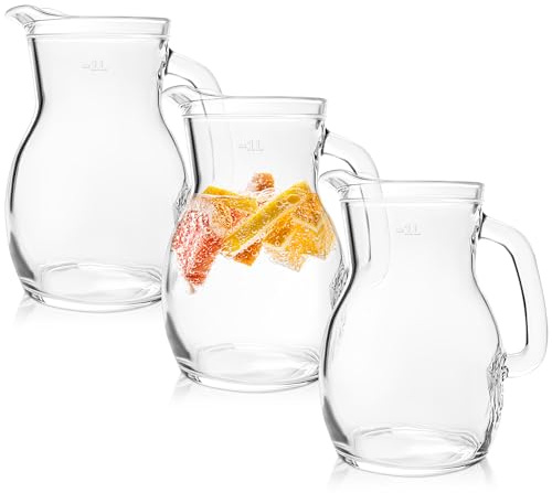 KONZEPT Hochwertiger Wasserkrug Glas 3 Stk. Set 1 Liter Glaskrug Perfekt für Wasser, Milch, Säfte Wasserkanne mit ergonomischem Griff – In verschiedenen Größen erhältlich