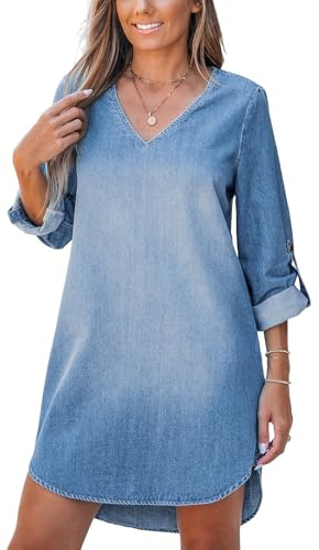 CUPSHE Robe pour femme - Col en V - Manches longues - Manchettes retroussées - Asymétrique - Mini robe en jean - Robe décontractée - Tunique - Robe chemise en denim, bleu marine, M