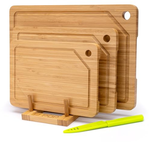 Set 3 Tablas de Cortar Bambú con Orificio para Colgar | Tablas de Cortar de Bambú con Soporte, Ranura para el Jugo y Cuchillo para Fruta, para Cortar Carne, Verduras y Pan