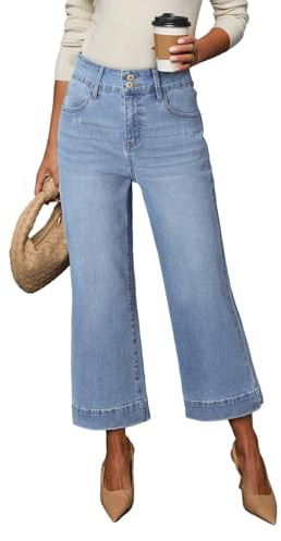 Dokotoo Wide Leg Baggy Jeans for Women Women's Straight Leg High Waist Stretch Palazzo Pants Capri 2025 Outfits Fashion Trendy Summer Pants for Women Ashion Clothes Pocket Stretch Denim Pants Myosotis