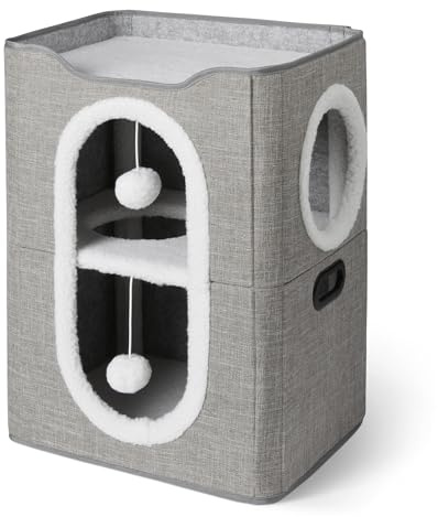 Amazon Basics - Casetta per Gatti a 2 Piani, Grotta per Gatti con Tappetino Tiragraffi e Pallina Morbida, Cucce Modulari a Cubo Pieghevoli per Gatti, 43,2cm x 35,6cm x 57,2cm, Grigio