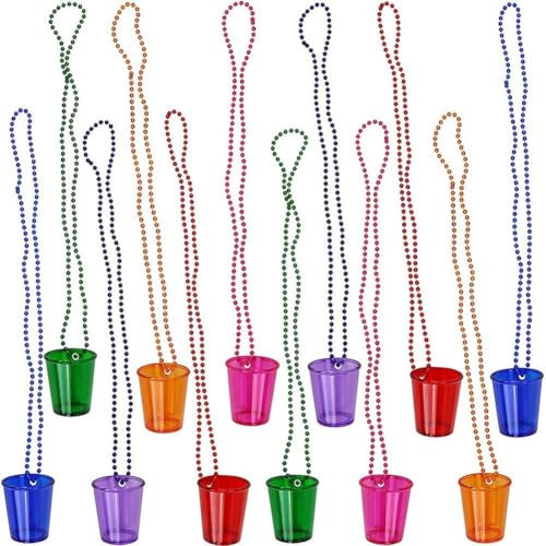 Sanfly 12pcs Shot Glasses on Beaded Necklace Plastic Shot Cup Necklace Wedding Bachelorette Party Birthday Party Decoration Supplies